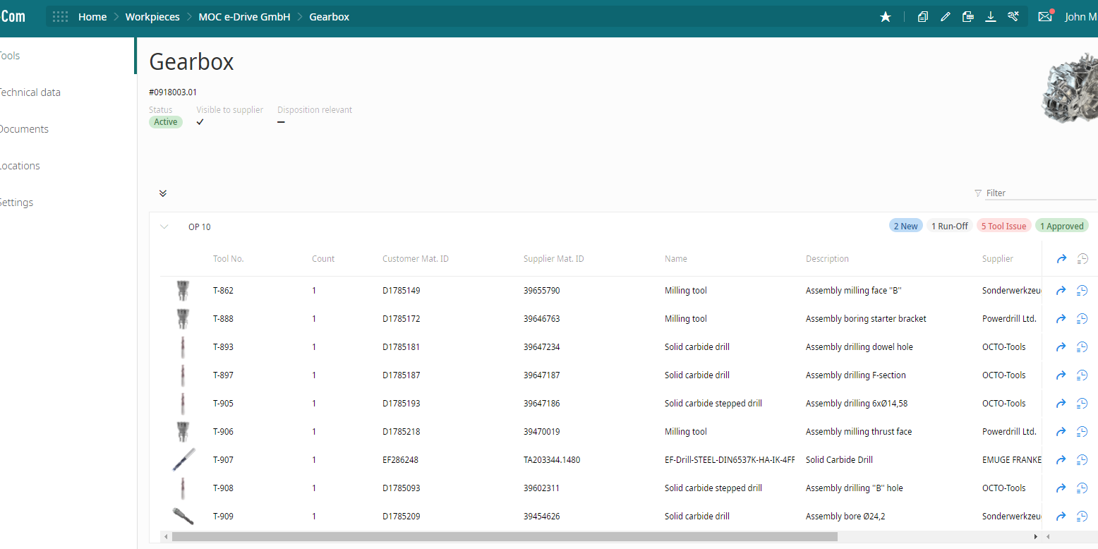 Digital Tool Management - Software - Workpiece with OP and Tool List